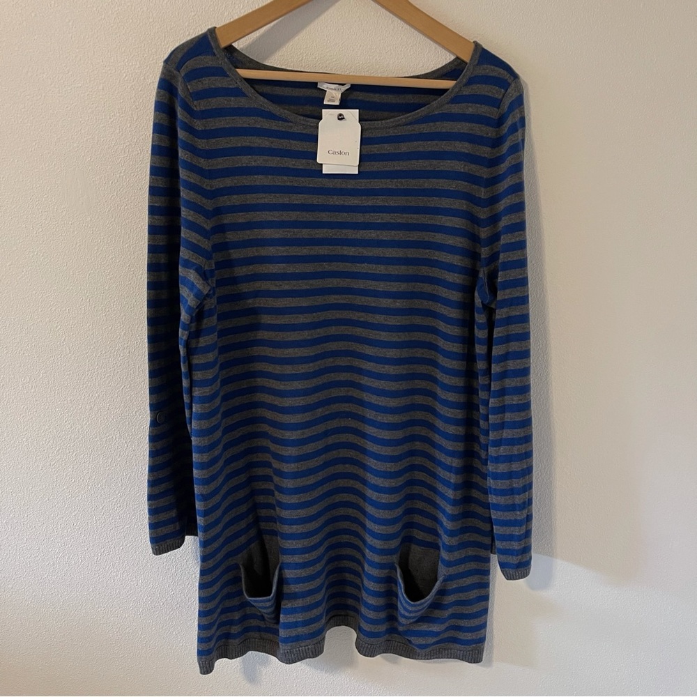 Caslon Striped Knit Long Sleeve Tunic Mini Dress Pockets Blue Gray NWT-XL